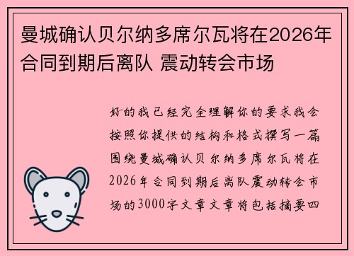 曼城确认贝尔纳多席尔瓦将在2026年合同到期后离队 震动转会市场 曼城确认贝尔纳多席尔瓦将在2026年合同到期后离队 震动转会市场